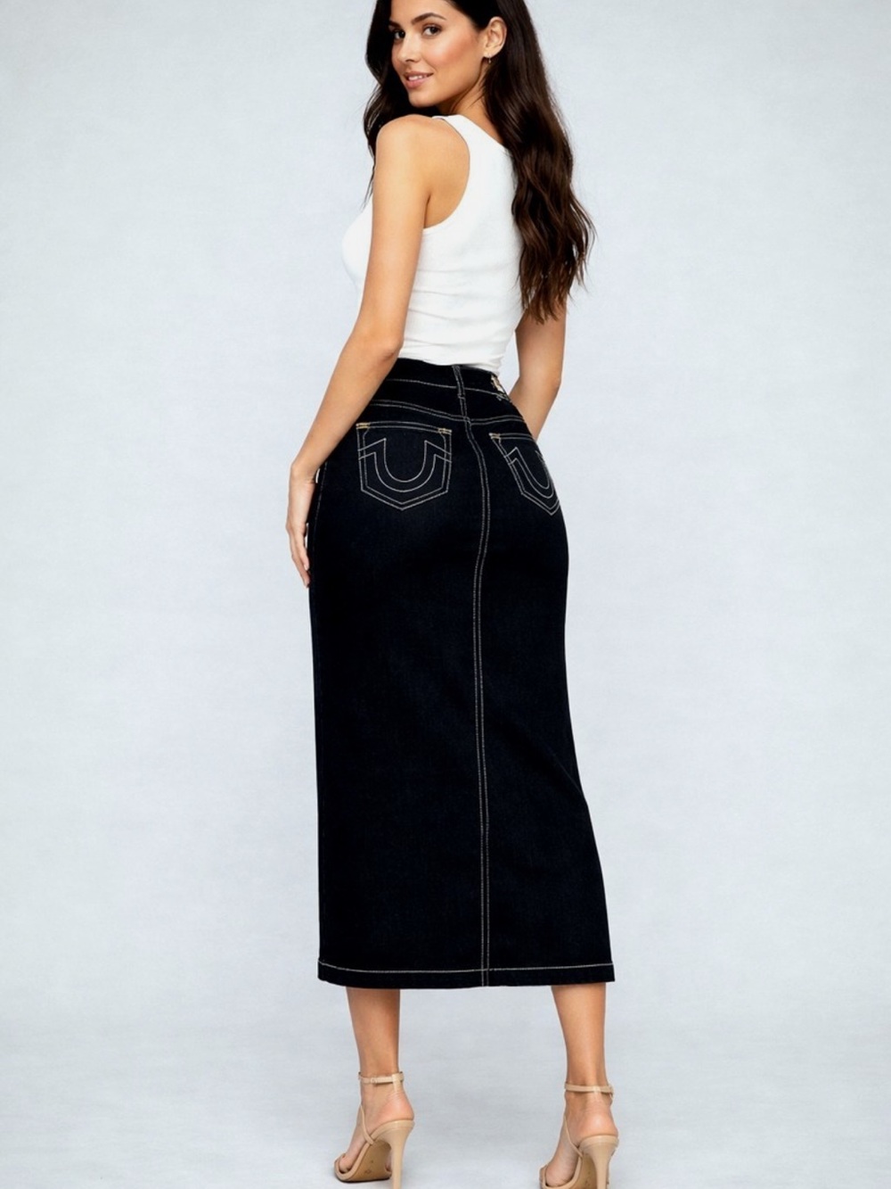 True religion black denim maxi skirt